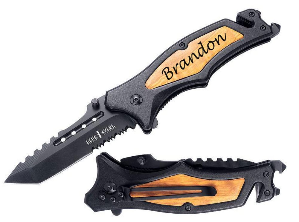 Blue Steel Personalized Laser Engraved Pocket Knife with Stonewashed Blade, Brown wood Handle with Pocket Clip, Dad Gifts, Boyfriend, Groomsmen, Valentines Day Gift for Him, (GI-91B)