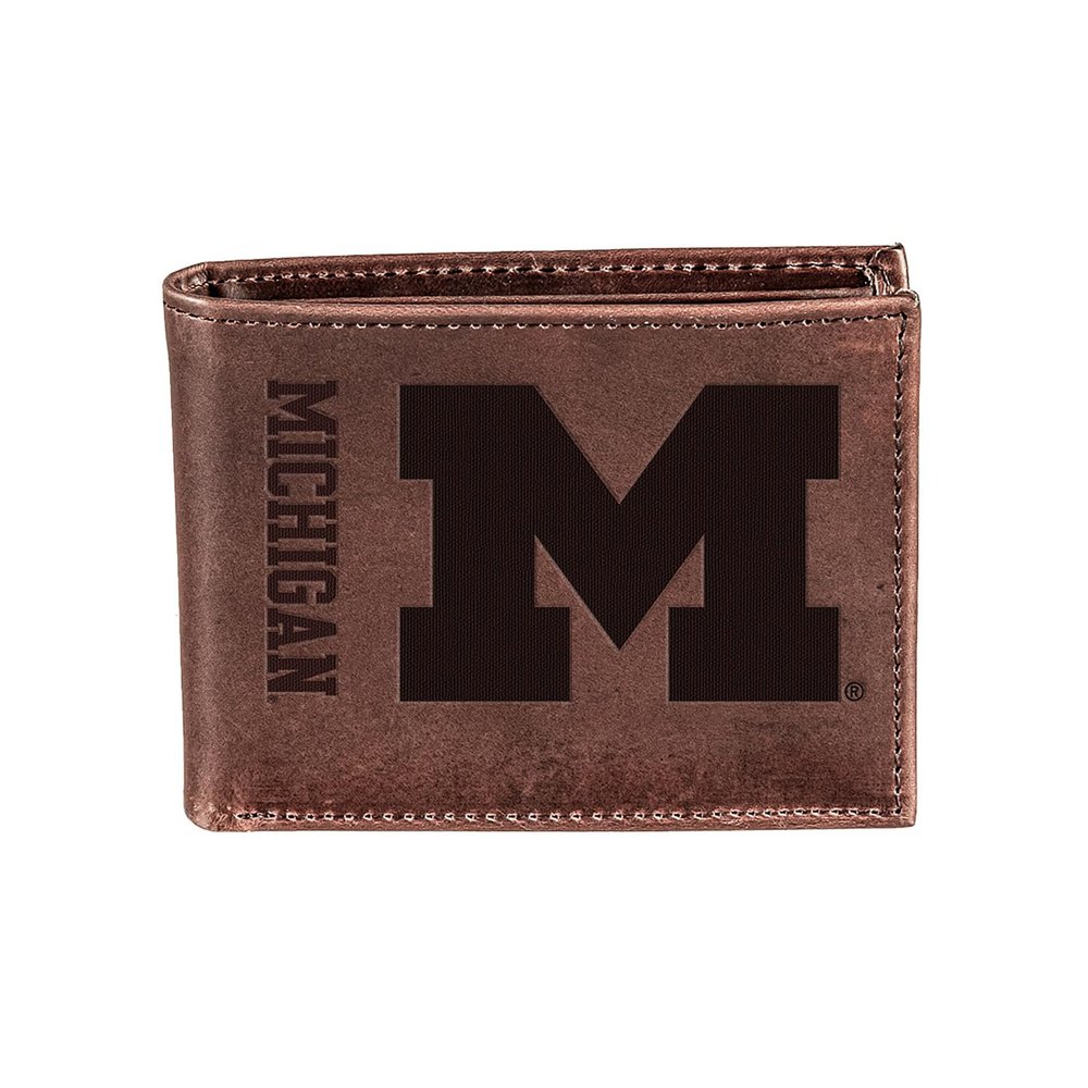 Evergreen Team Sports America NCAA University of Michigan Brown Wallet | Bi-Fold | Officially Licensed Stamped Logo | Made of Leather | Money and Card Organizer | Gift Box Included