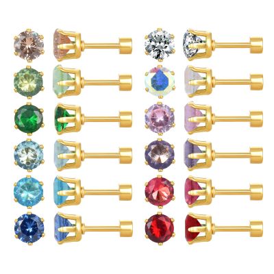 12 Pairs 18K Gold Plated Surgical Stainless Steel Stud Earrings, Flat Back Screw Back Cubic Zirconia Stud Earrings for Women, Silver CZ Brithstone Stud Earrings Set (Gold 3mm)