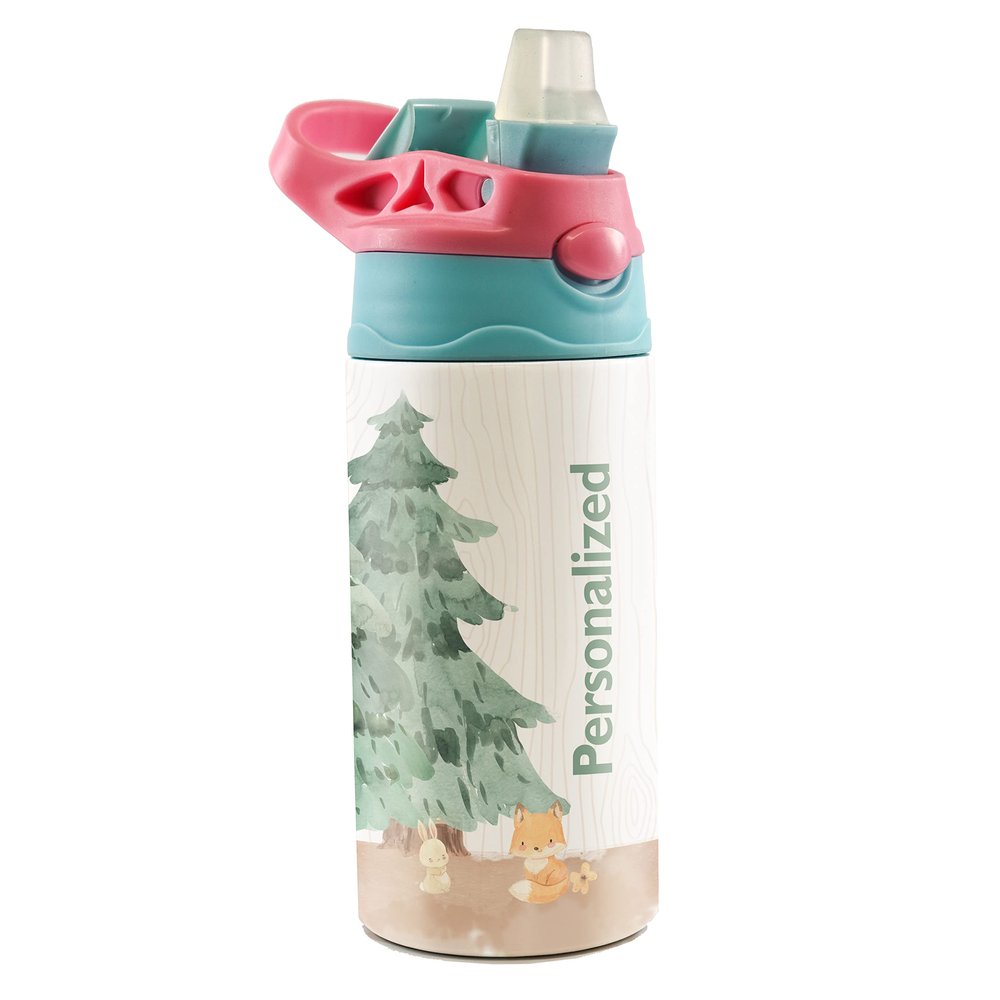 Woodland Animals  Pink & Blue  Small 12 oz Water Bottle with Pop Up Silicone Straw - Personalize with Name - Stainless Steel Insulation  Keep Beverage Temperature Up To 8 Hours SSKIDPB0017