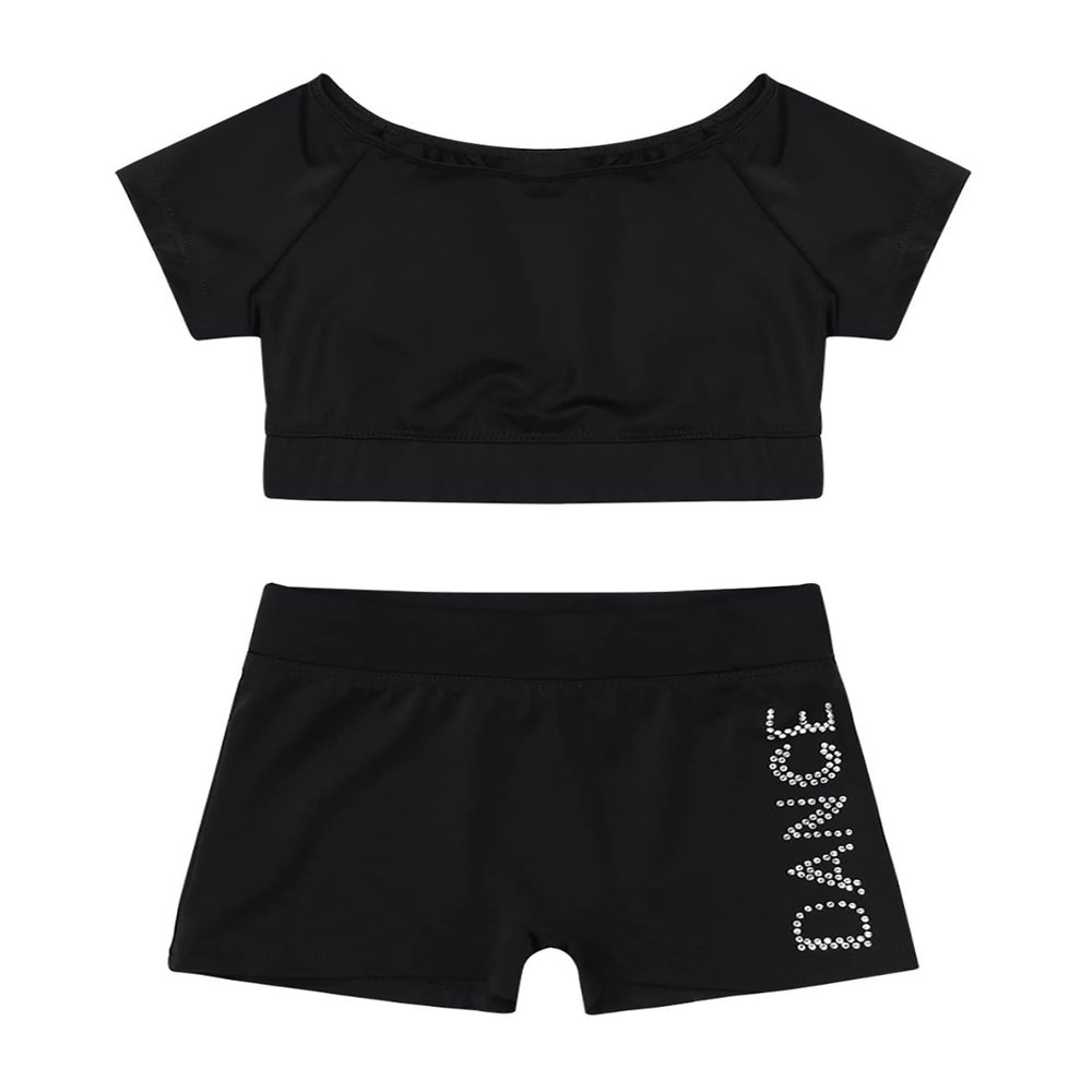 Daenrui Kids Girls 2 Piece Sports Gymnastics Dance Outfits Crop Tank Top with Booty Shorts Active Workout Sets Black 14 Years