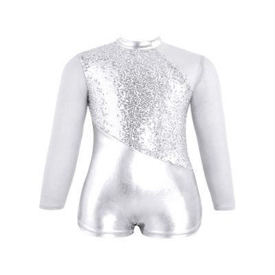 FEESHOW Girls Kids One-Piece Sequins Long Sleeve Gymnastics Leotards Short Jumpsuit for Dance Unitards Biketards Silver 6 Years