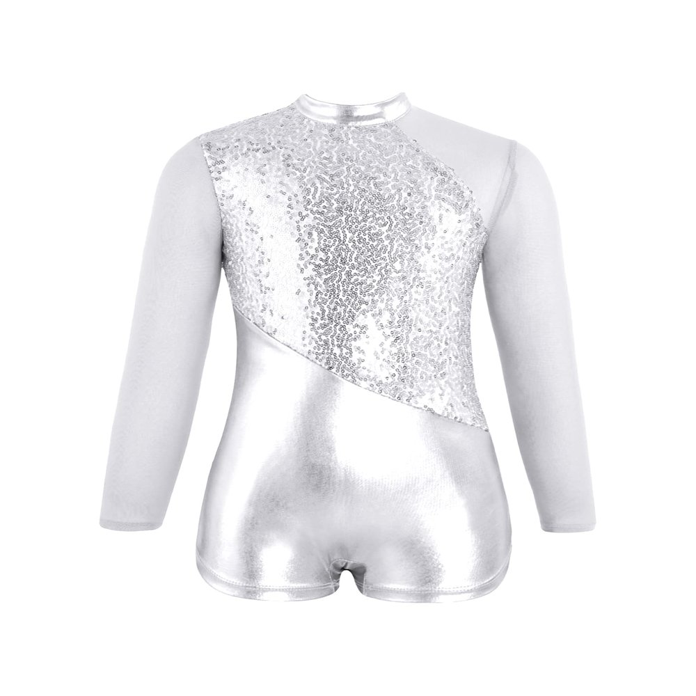 FEESHOW Girls Kids One-Piece Sequins Long Sleeve Gymnastics Leotards Short Jumpsuit for Dance Unitards Biketards Silver 6 Years