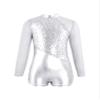 FEESHOW Girls Kids One-Piece Sequins Long Sleeve Gymnastics Leotards Short Jumpsuit for Dance Unitards Biketards Silver 6 Years view 1