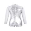 FEESHOW Girls Kids One-Piece Sequins Long Sleeve Gymnastics Leotards Short Jumpsuit for Dance Unitards Biketards Silver 6 Years view 2