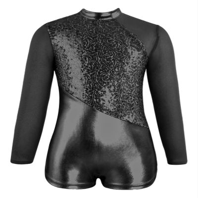 FEESHOW Girls Kids One-Piece Sequins Long Sleeve Gymnastics Leotards Short Jumpsuit for Dance Unitards Biketards Black A 6 Years
