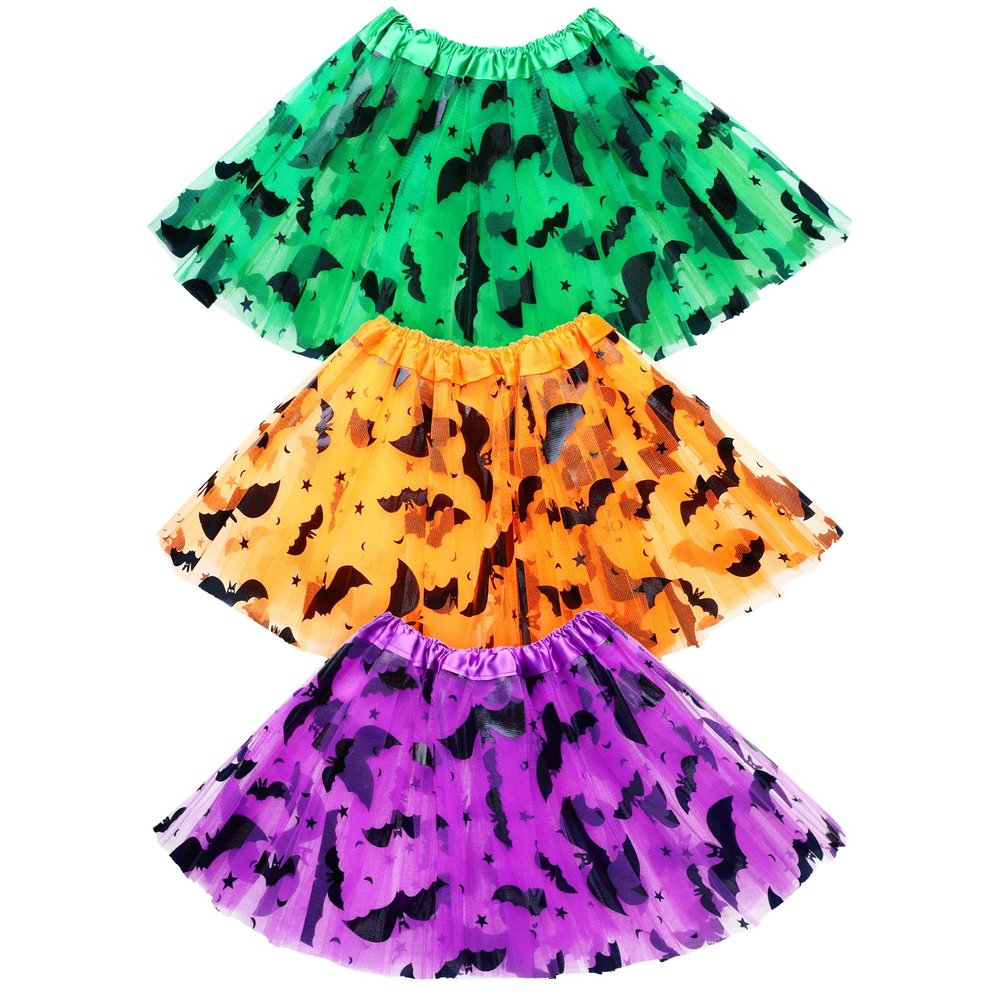 3 Pcs Halloween Tutu Skirts Elastic Layered Tulle Tutu Dress Halloween Performance Costume Black Bat Pattern for Girls 3-8 Years Old, Green, Orange, Purple