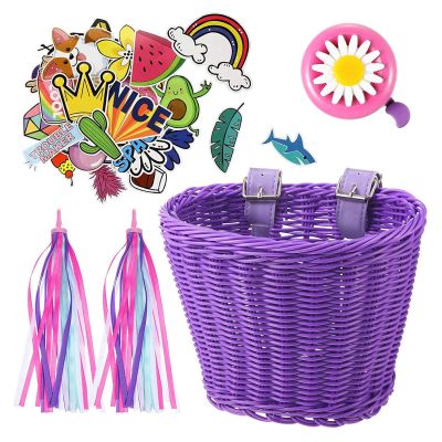 Bavokon Woven Girls Handlebar Basket,Kids Basket for Boys Girls with Bell,Colorful Streamers,Set of Stickers,Front Toddler Tricycle Baskets Accessories Decoration Kit for Girls