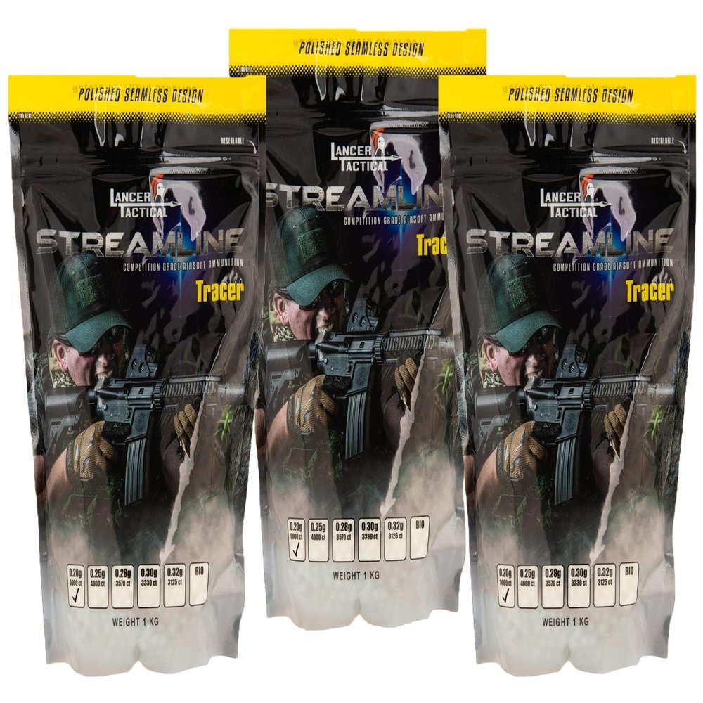 Lancer Tactical 0.20g-0.30g Streamline Competition Grade Tracer Airsoft BBS (Color: Green) X3 (0.20g 5000 Rd)