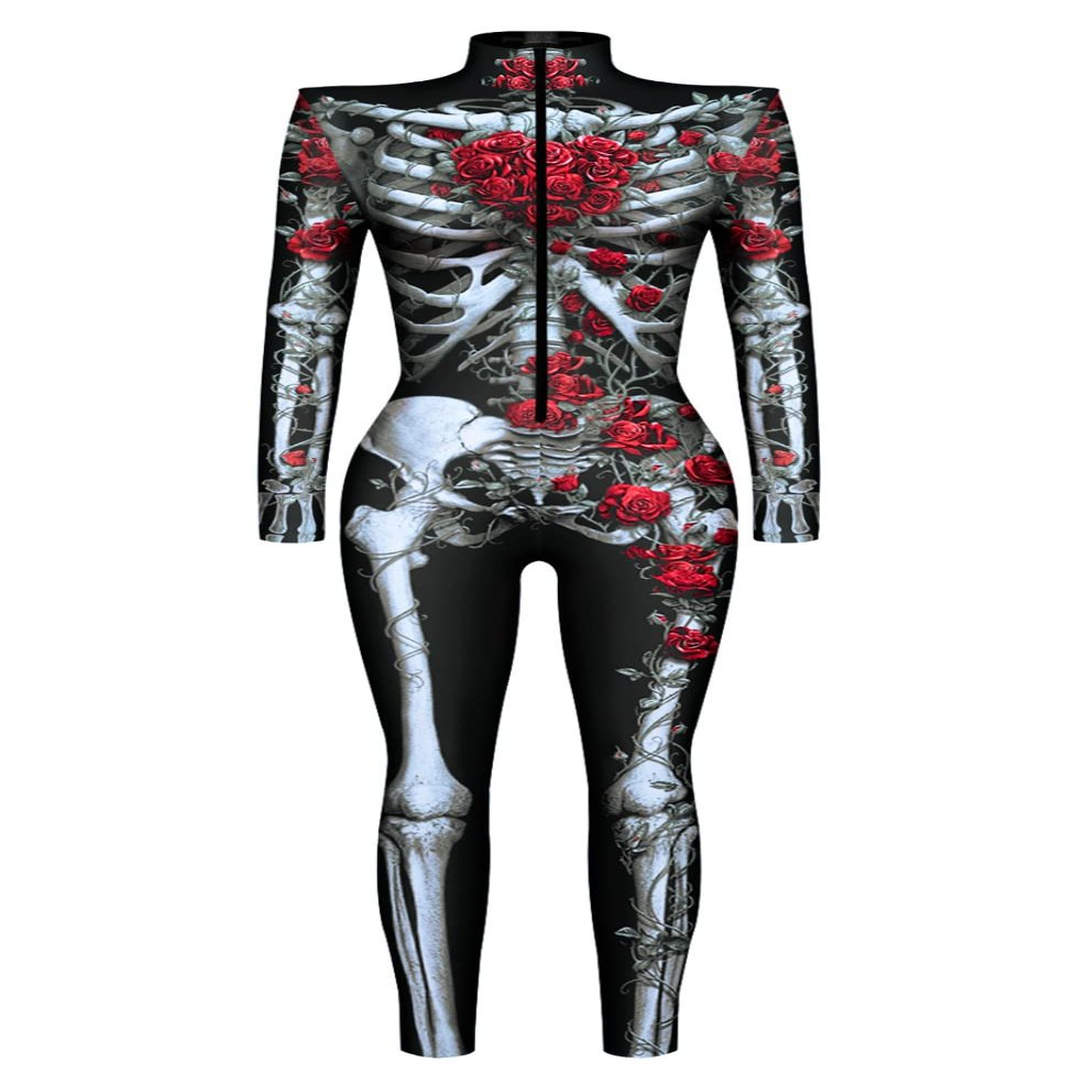 Honeystore Women's Skeleton Bodysuit Halloween Costume Bodycon Catsuit Jumpsuit with Front Zipper BKAL-008 S