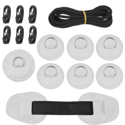 X AUTOHAUX 7pcs D-Ring PVC Patch Kayak Round Shape D Ring 11.5ft Elastic Shock Rope with 6 Hooks Kayak Paddle Accessories for Inflatable Boat Canoe Deck Paddleboard Gray