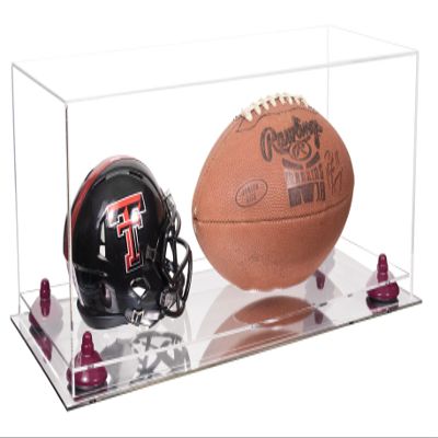 Better Display Cases Acrylic Display Case for Full Size Football and Mini Helmet - Large Rectangle Box with Clear Case, Purple Risers and Mirror Base 19.25" x 8.25" x 8" (B47/A103)