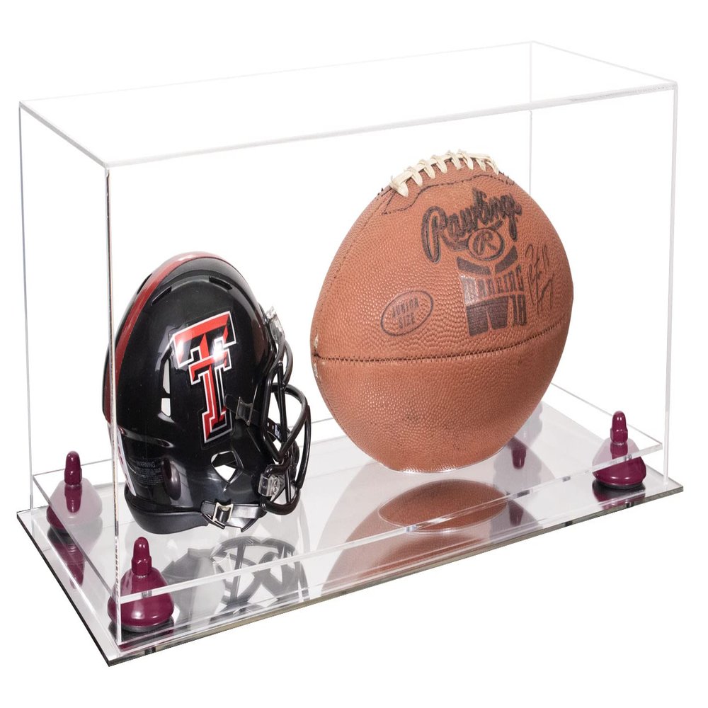 Better Display Cases Acrylic Display Case for Full Size Football and Mini Helmet - Large Rectangle Box with Clear Case, Purple Risers and Mirror Base 19.25" x 8.25" x 8" (B47/A103)