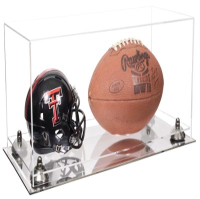 Better Display Cases Acrylic Display Case for Full Size Football and Mini Helmet - Large Rectangle Box with Clear Case, Silver Risers and Mirror Base 19.25" x 8.25" x 8" (B47/A103)