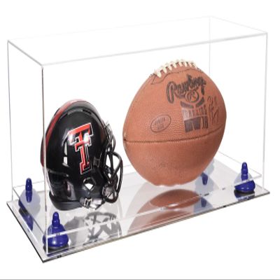 Better Display Cases Acrylic Display Case for Full Size Football and Mini Helmet - Large Rectangle Box with Clear Case, Navy Blue Risers and Mirror Base 19.25" x 8.25" x 8" (B47/A103)