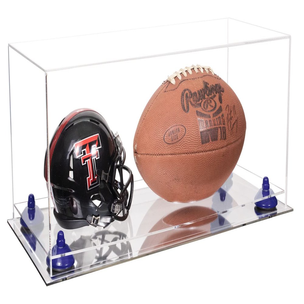 Better Display Cases Acrylic Display Case for Full Size Football and Mini Helmet - Large Rectangle Box with Clear Case, Navy Blue Risers and Mirror Base 19.25" x 8.25" x 8" (B47/A103)