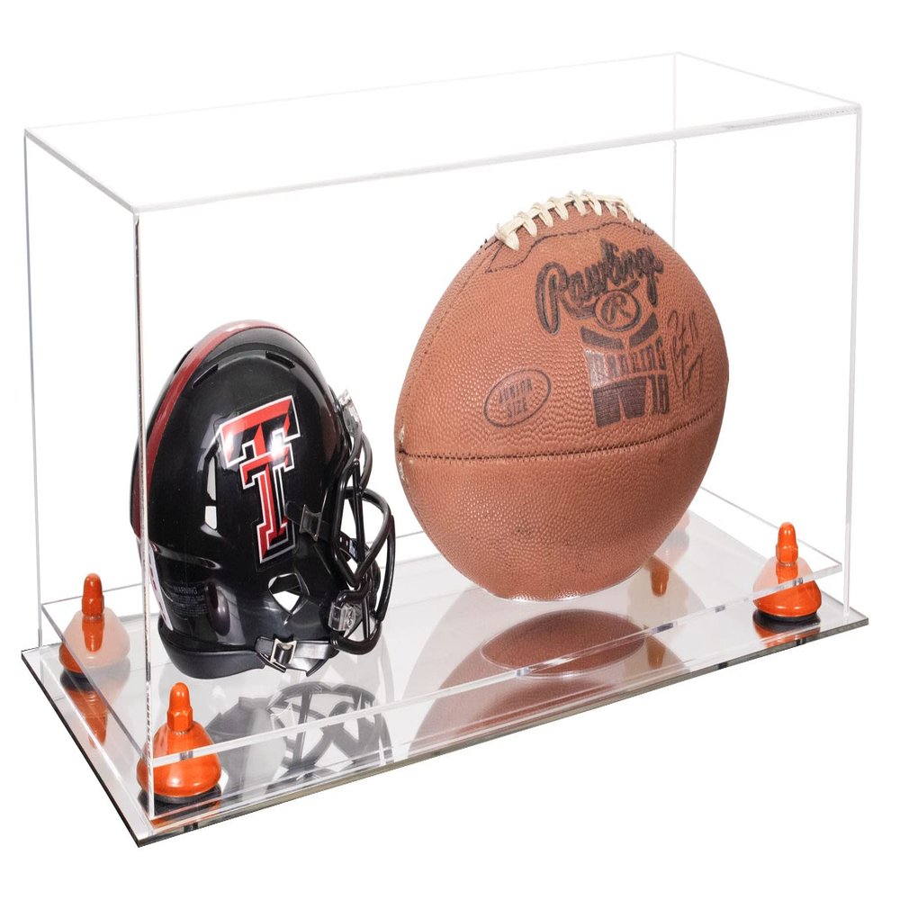 Better Display Cases Acrylic Display Case for Full Size Football and Mini Helmet - Large Rectangle Box with Clear Case, Orange Risers and Mirror Base 19.25" x 8.25" x 8" (B47/A103)