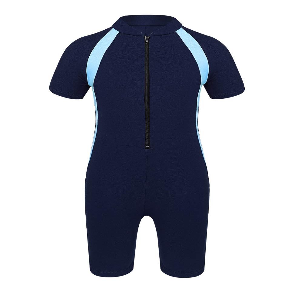 Yartina Unisex Boys Girls Rash Shirt One Piece Color Block Tankini Short Sleeve Boyshort Swimwear Navy Blue 12 Years