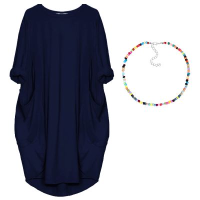 aromm Women Crew Neck T Shirt Dress Loose Casual Plus Size Midi Dress with Pockets Navy Blue,M