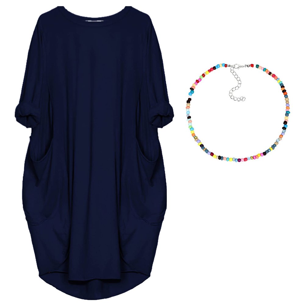 aromm Women Crew Neck T Shirt Dress Loose Casual Plus Size Midi Dress with Pockets Navy Blue,M