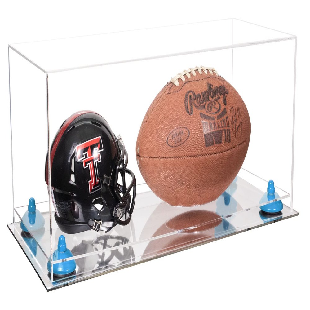 Better Display Cases Acrylic Display Case for Full Size Football and Mini Helmet - Large Rectangle Box with Clear Case, Light Blue Risers and Mirror Base 19.25" x 8.25" x 8" (B47/A103)