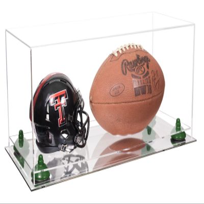 Better Display Cases Acrylic Display Case for Full Size Football and Mini Helmet - Large Rectangle Box with Clear Case, Green Risers and Mirror Base 19.25" x 8.25" x 8" (B47/A103)