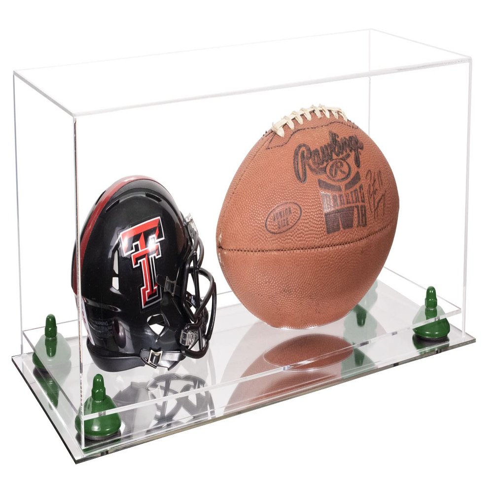 Better Display Cases Acrylic Display Case for Full Size Football and Mini Helmet - Large Rectangle Box with Clear Case, Green Risers and Mirror Base 19.25" x 8.25" x 8" (B47/A103)