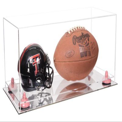 Better Display Cases Acrylic Display Case for Full Size Football and Mini Helmet - Large Rectangle Box with Clear Case, Pink Risers and Mirror Base 19.25" x 8.25" x 8" (B47/A103)