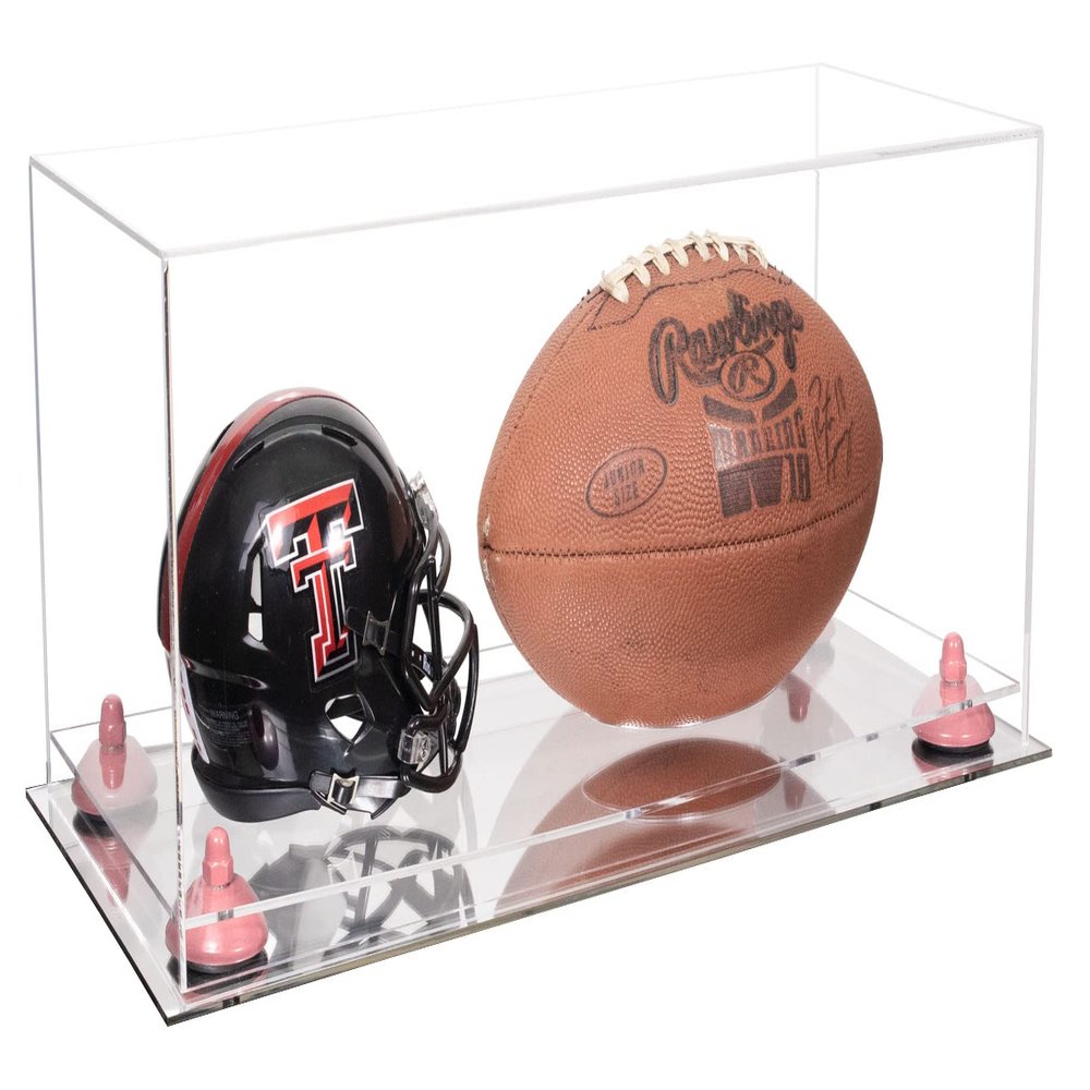 Better Display Cases Acrylic Display Case for Full Size Football and Mini Helmet - Large Rectangle Box with Clear Case, Pink Risers and Mirror Base 19.25" x 8.25" x 8" (B47/A103)