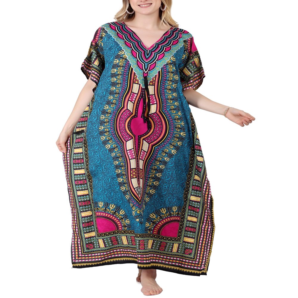 Tengru Women's Teal African Print Kaftan Maxi Dress, V-Neck Beach Cover Up, Lightweight Boho Caftan Lounge Dress, Loose Resort Wear, Oversized Vacation Swim Cover-Up, Casual Summer House Dress