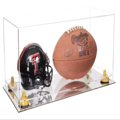 Better Display Cases Acrylic Display Case for Full Size Football and Mini Helmet - Large Rectangle Box with Clear Case, Yellow Risers and Mirror Base 19.25" x 8.25" x 8" (B47/A103)
