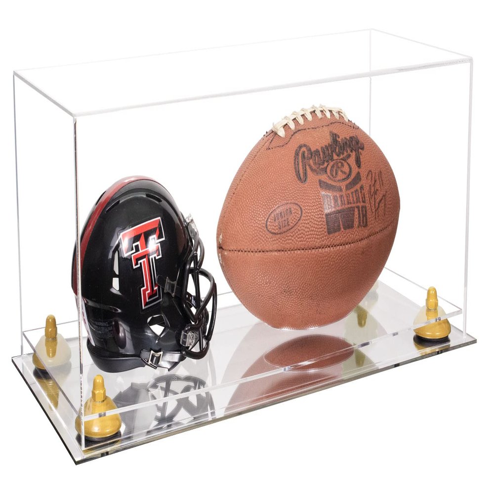 Better Display Cases Acrylic Display Case for Full Size Football and Mini Helmet - Large Rectangle Box with Clear Case, Yellow Risers and Mirror Base 19.25" x 8.25" x 8" (B47/A103)