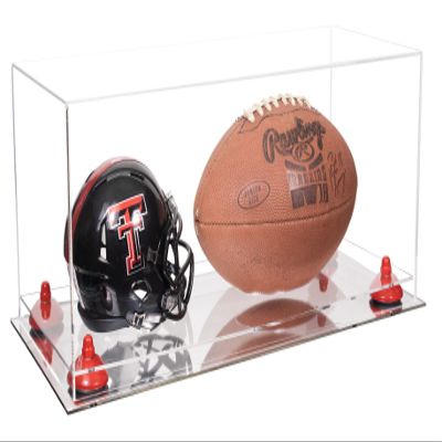 Better Display Cases Acrylic Display Case for Full Size Football and Mini Helmet - Large Rectangle Box with Clear Case, Red Risers and Mirror Base 19.25" x 8.25" x 8" (B47/A103)
