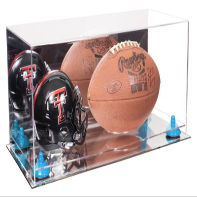 Better Display Cases Acrylic Display Case for Full Size Football and Mini Helmet - Large Rectangle Box with Mirror Case, Light Blue Risers and Mirror Base 19.25" x 8.25" x 8" (B47/A103)