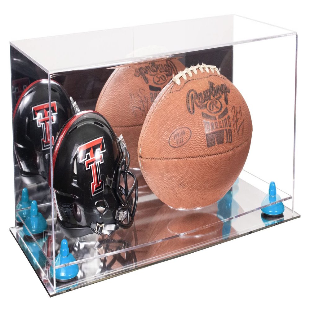 Better Display Cases Acrylic Display Case for Full Size Football and Mini Helmet - Large Rectangle Box with Mirror Case, Light Blue Risers and Mirror Base 19.25" x 8.25" x 8" (B47/A103)