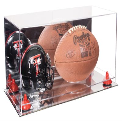 Better Display Cases Acrylic Display Case for Full Size Football and Mini Helmet - Large Rectangle Box with Mirror Case, Red Risers and Mirror Base 19.25" x 8.25" x 8" (B47/A103)