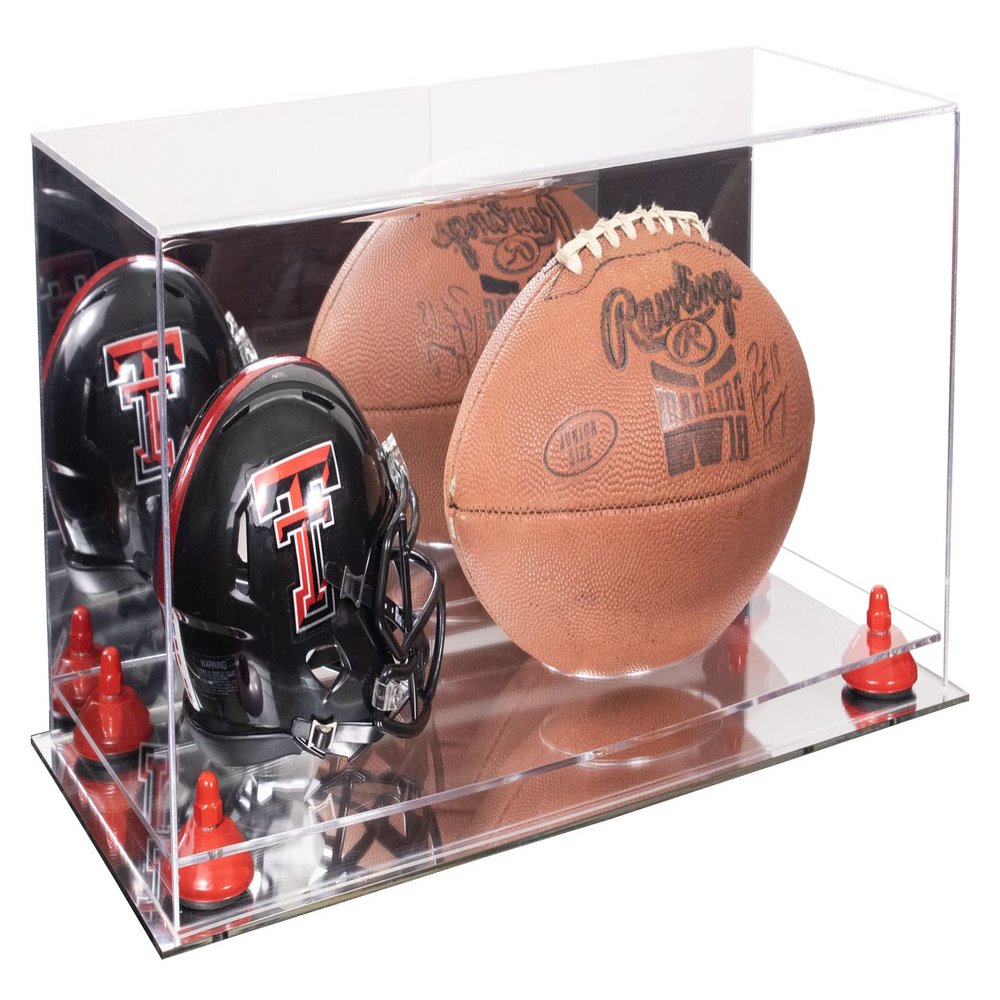 Better Display Cases Acrylic Display Case for Full Size Football and Mini Helmet - Large Rectangle Box with Mirror Case, Red Risers and Mirror Base 19.25" x 8.25" x 8" (B47/A103)