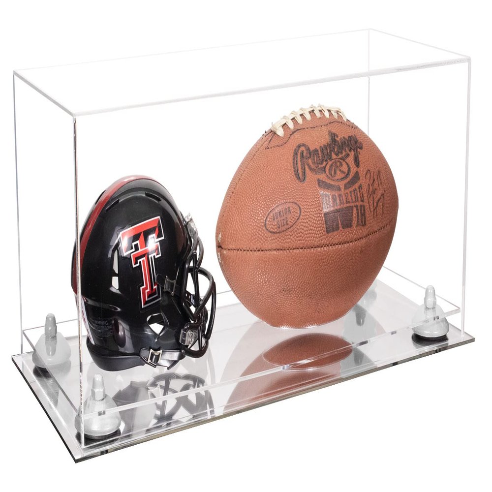 Better Display Cases Acrylic Display Case for Full Size Football and Mini Helmet - Large Rectangle Box with Clear Case, White Risers and Mirror Base 19.25" x 8.25" x 8" (B47/A103)