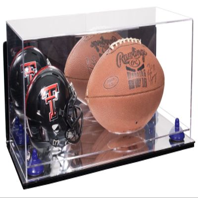 Better Display Cases Acrylic Display Case for Full Size Football and Mini Helmet - Large Rectangle Box with Mirror Case, Navy Blue Risers, Wall Mount and Mirror Base 19.25" x 8.25" x 8" (B47/A103)