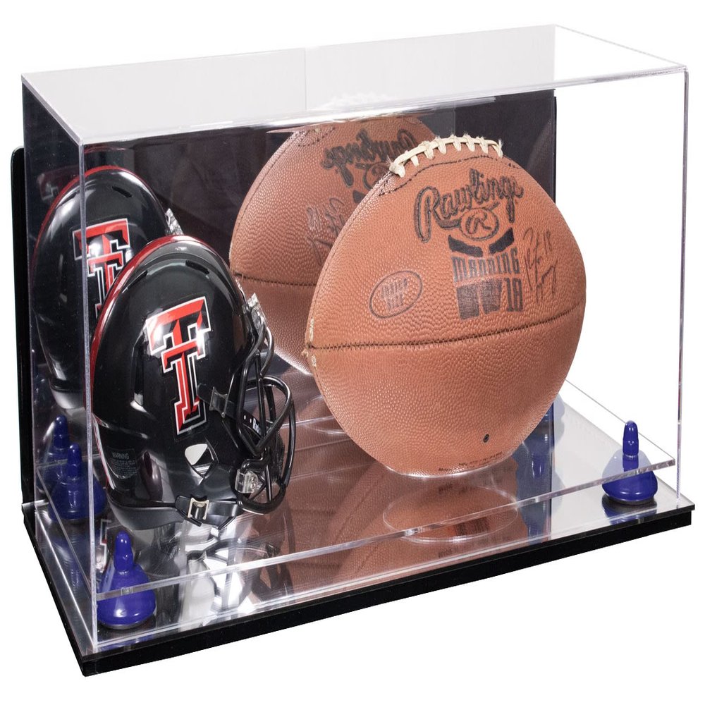 Better Display Cases Acrylic Display Case for Full Size Football and Mini Helmet - Large Rectangle Box with Mirror Case, Navy Blue Risers, Wall Mount and Mirror Base 19.25" x 8.25" x 8" (B47/A103)