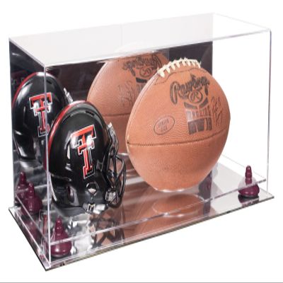 Better Display Cases Acrylic Display Case for Full Size Football and Mini Helmet - Large Rectangle Box with Mirror Case, Purple Risers and Mirror Base 19.25" x 8.25" x 8" (B47/A103)