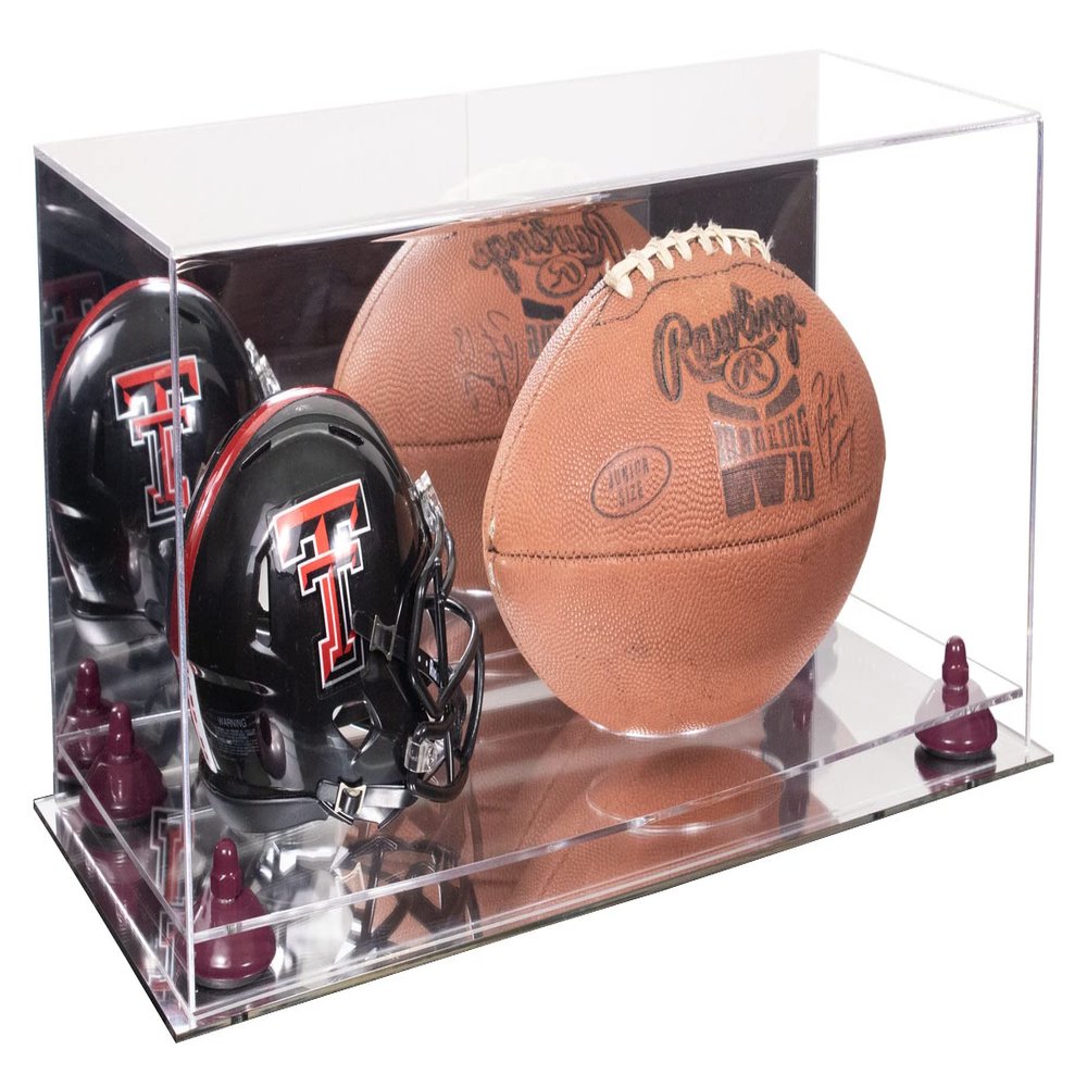 Better Display Cases Acrylic Display Case for Full Size Football and Mini Helmet - Large Rectangle Box with Mirror Case, Purple Risers and Mirror Base 19.25" x 8.25" x 8" (B47/A103)