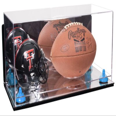 Better Display Cases Acrylic Display Case for Full Size Football and Mini Helmet - Large Rectangle Box with Mirror Case, Light Blue Risers, Wall Mount and Mirror Base 19.25" x 8.25" x 8" (B47/A103)