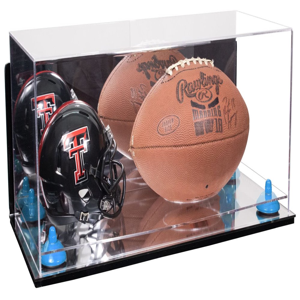 Better Display Cases Acrylic Display Case for Full Size Football and Mini Helmet - Large Rectangle Box with Mirror Case, Light Blue Risers, Wall Mount and Mirror Base 19.25" x 8.25" x 8" (B47/A103)
