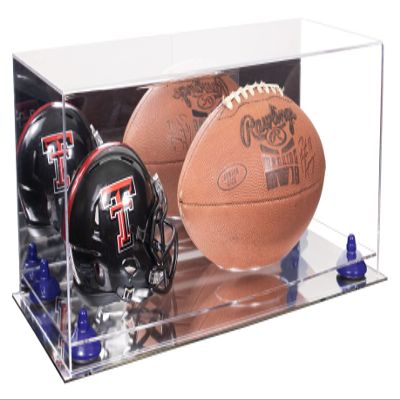 Better Display Cases Acrylic Display Case for Full Size Football and Mini Helmet - Large Rectangle Box with Mirror Case, Navy Blue Risers and Mirror Base 19.25" x 8.25" x 8" (B47/A103)
