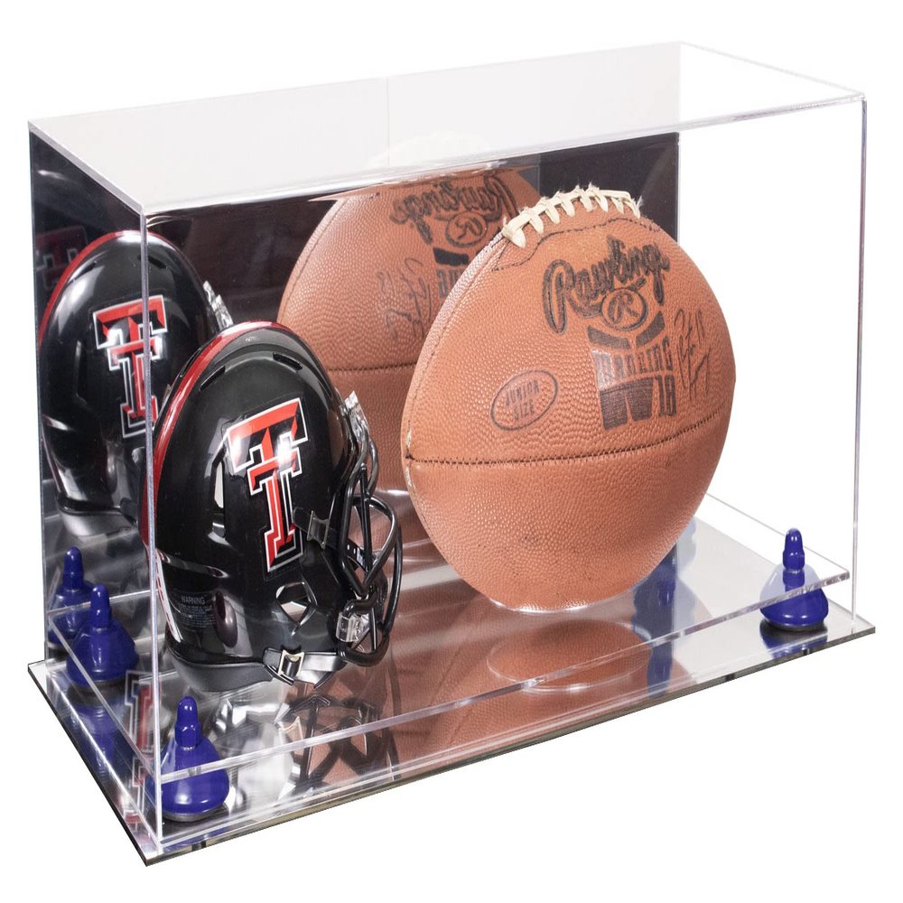 Better Display Cases Acrylic Display Case for Full Size Football and Mini Helmet - Large Rectangle Box with Mirror Case, Navy Blue Risers and Mirror Base 19.25" x 8.25" x 8" (B47/A103)