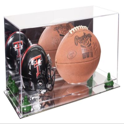 Better Display Cases Acrylic Display Case for Full Size Football and Mini Helmet - Large Rectangle Box with Mirror Case, Green Risers and Mirror Base 19.25" x 8.25" x 8" (B47/A103)