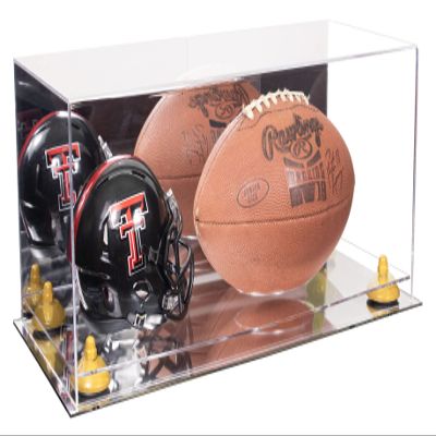 Better Display Cases Acrylic Display Case for Full Size Football and Mini Helmet - Large Rectangle Box with Mirror Case, Yellow Risers and Mirror Base 19.25" x 8.25" x 8" (B47/A103)