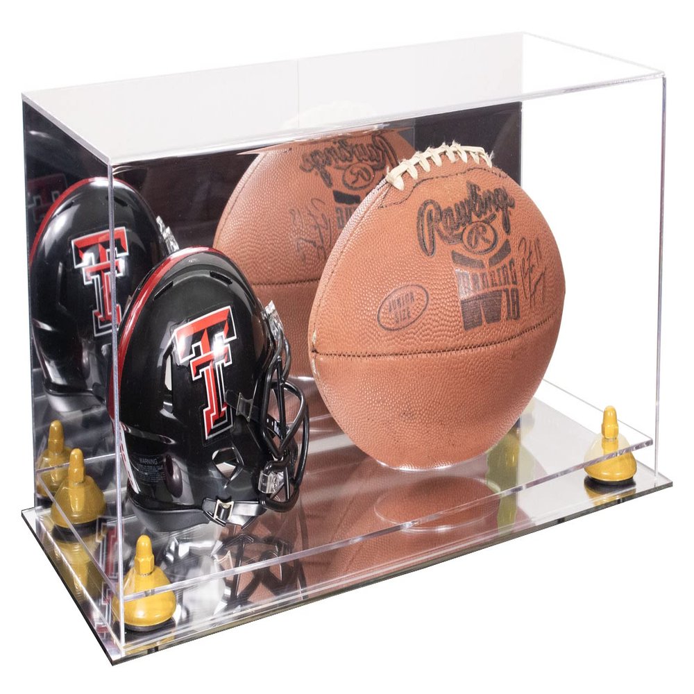 Better Display Cases Acrylic Display Case for Full Size Football and Mini Helmet - Large Rectangle Box with Mirror Case, Yellow Risers and Mirror Base 19.25" x 8.25" x 8" (B47/A103)