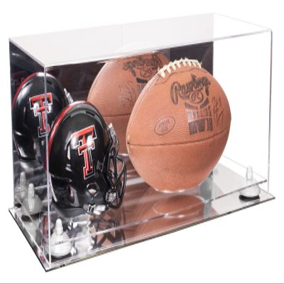 Better Display Cases Acrylic Display Case for Full Size Football and Mini Helmet - Large Rectangle Box with Mirror Case, White Risers and Mirror Base 19.25" x 8.25" x 8" (B47/A103)